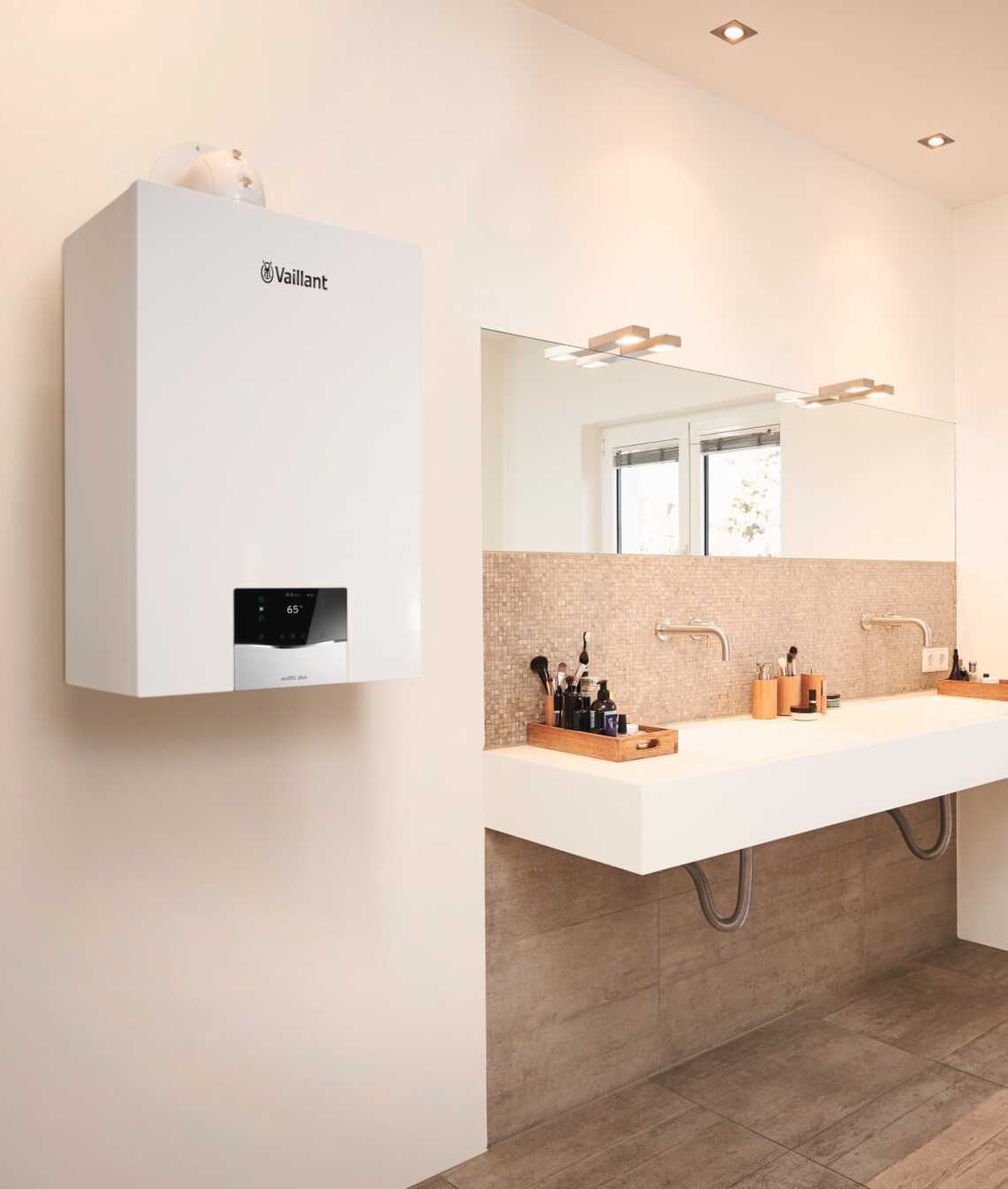Modernes Bad mit Vaillant Therme und Doppelwaschtisch